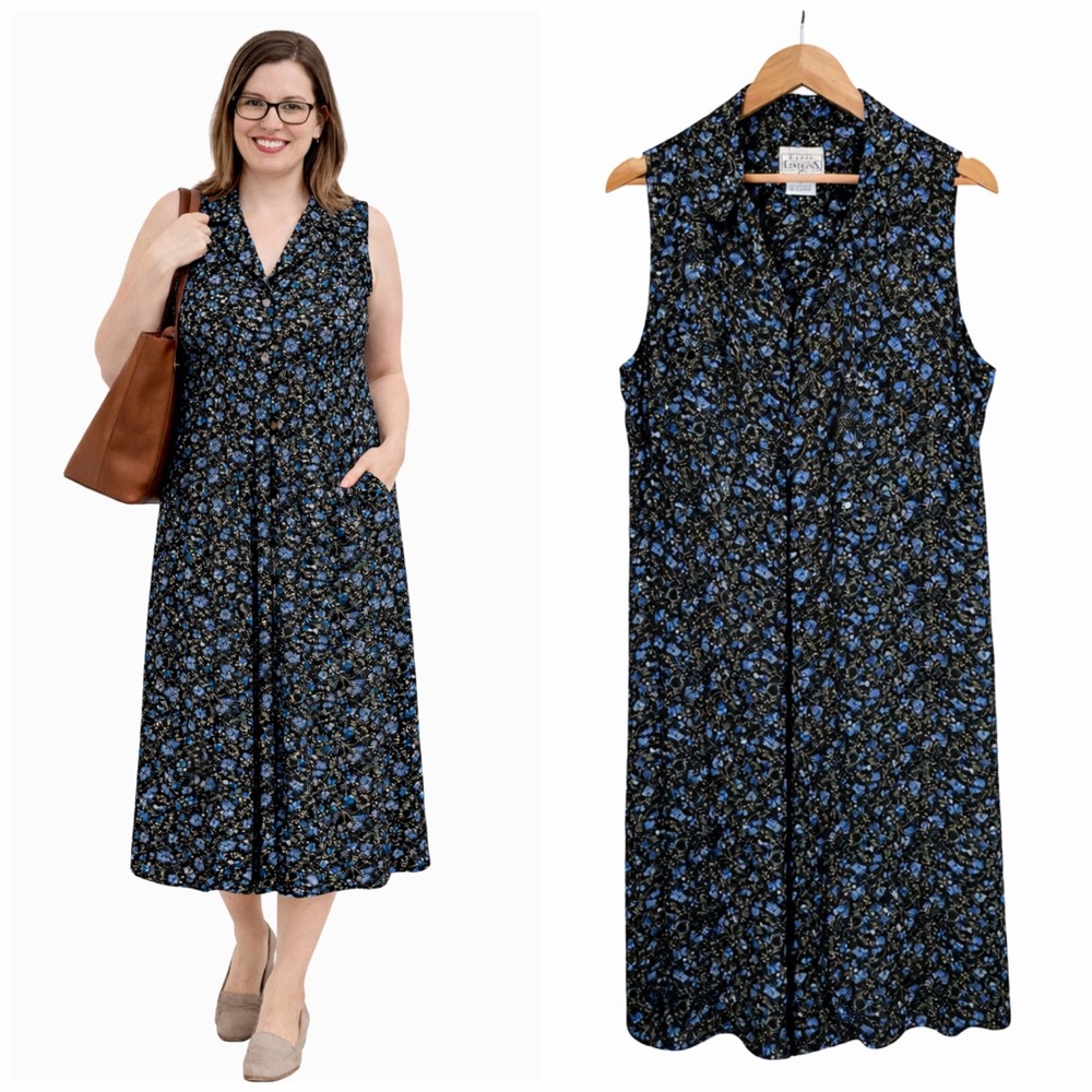 Vintage 90s Floral Button Front Midi Dress 1X Blue Black Teacher Cottagecore